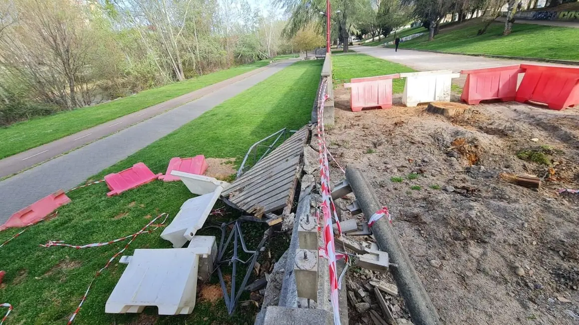 La caída de un árbol aplasta uno de los miradores en el paseo del río Bernesga en León capital.9