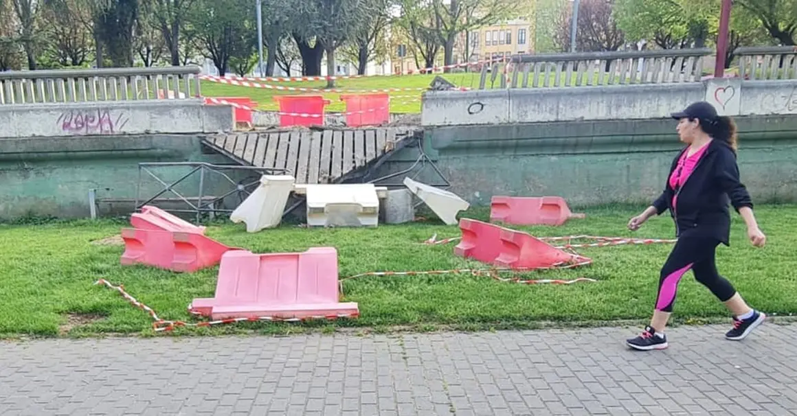 La caída de un árbol aplasta uno de los miradores en el paseo del río Bernesga en León capital.4