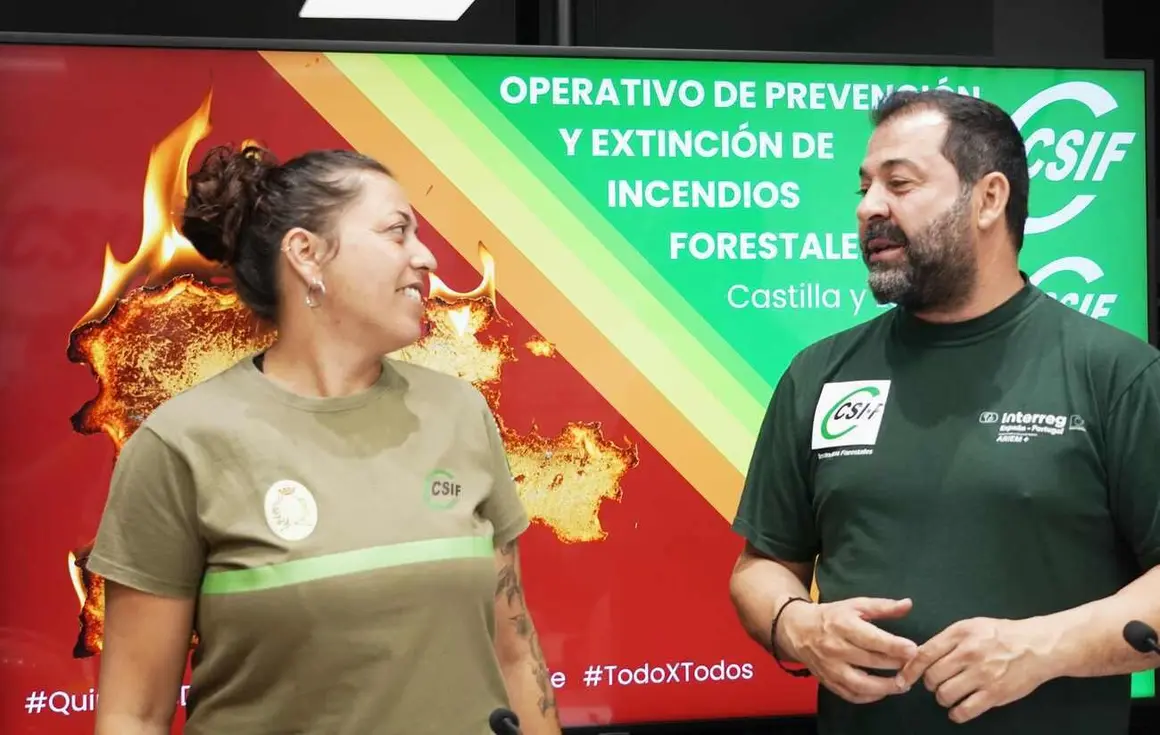 El sindicato Csif Castilla y León valora el operativo contra los incendios forestales en la Comunidad, con la presencia del presidente del sector de Administración General de la Junta del sindicato, Agustín Angulo, y la delegada-portavoz en Medio Ambiente y agente medioambiental, Sara Mateos.