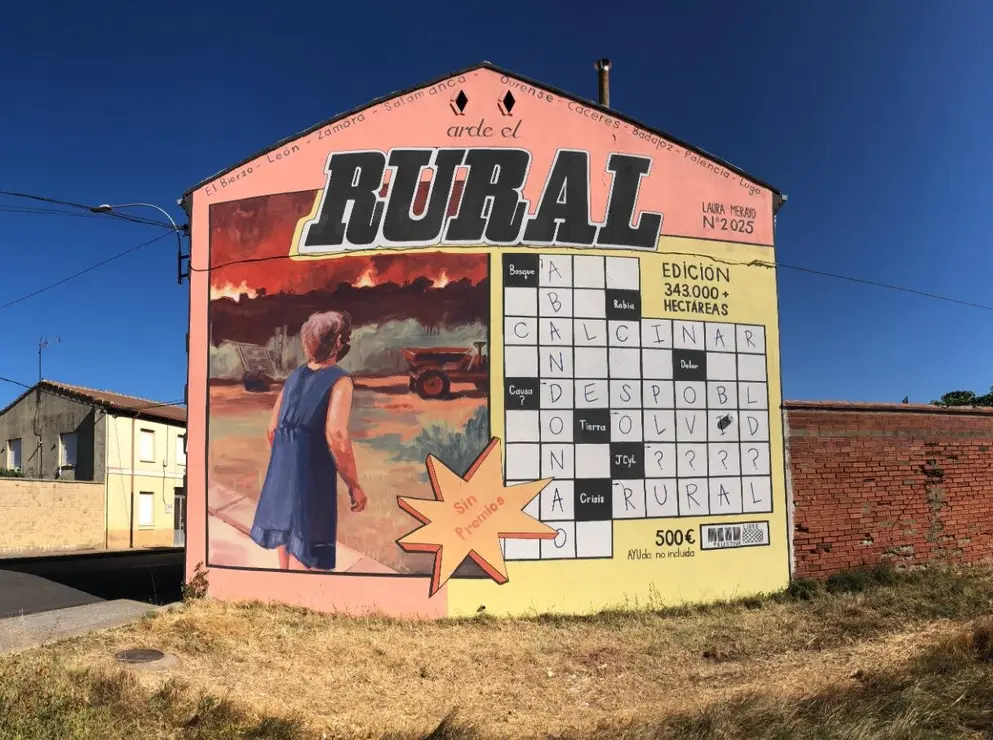 Mural 'Arde el rural' de Laura Merayo en San Pedro Bercianos.