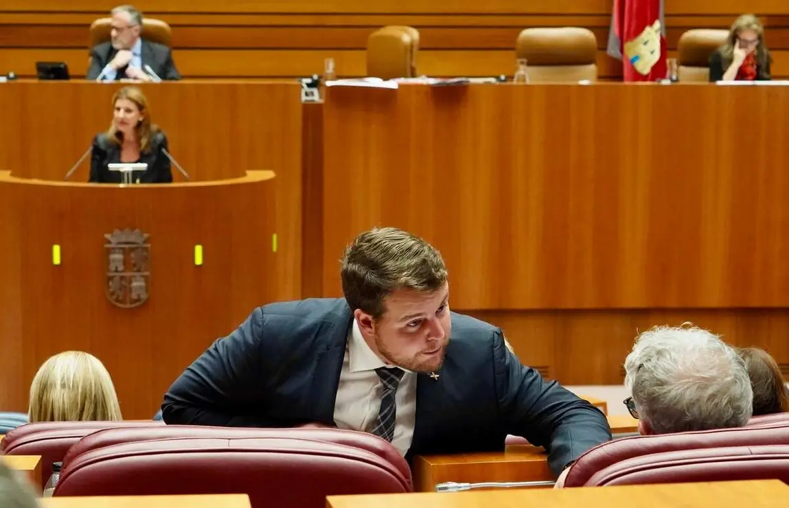 El procurador de Vox Miguel Suárez conversa con el portavoz de Soria Ya Angel Ceña en el Pleno de las Cortes