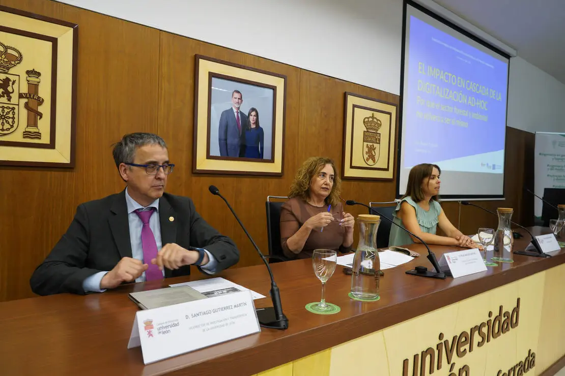 La vicerrectora del Campus del Bierzo, Pilar Marqu&eacute;s (D), junto a la investigadora Flor &Aacute;lvarez Taboada (C), y el vicerrector de Investigaci&oacute;n y Transferencia, Santiago Guti&eacute;rrez, durante la jornada del II Networking ULE-Territorio Bierzo