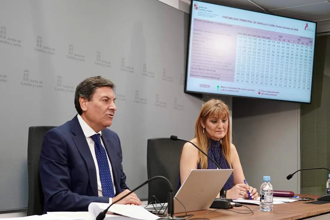 El consejero de Econom&iacute;a y Hacienda y portavoz, Carlos Fern&aacute;ndez Carriedo, y la directora general de Presupuestos, Maria Isabel Campos, presentan la Contabilidad Regional de Castilla y Le&oacute;n correspondiente al primer trimestre de 2026. Fotos: Eduardo Margareto.
