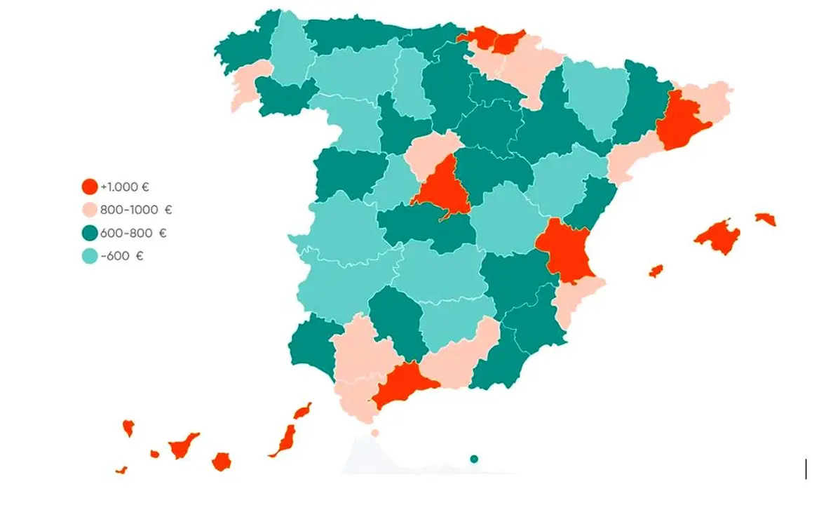 Mapa sobre el precio medio de alquiler por provincias.
