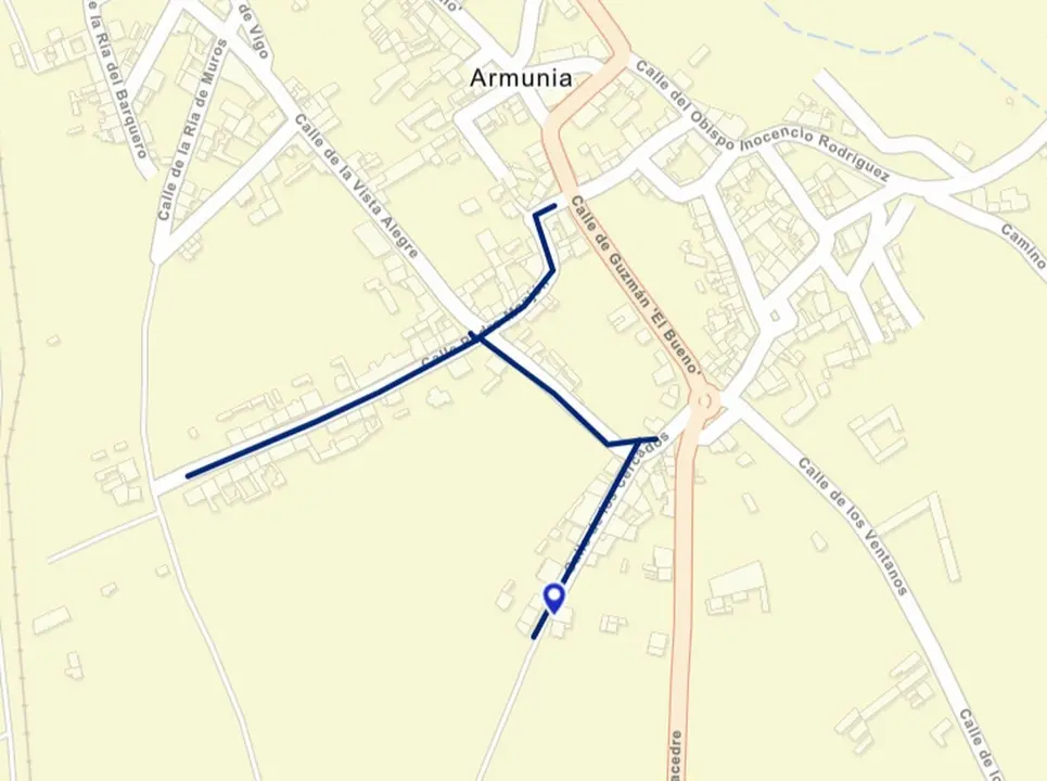 Mapa de las calles de la pedanía de Armunia que se verán afectadas por el corte de agua.