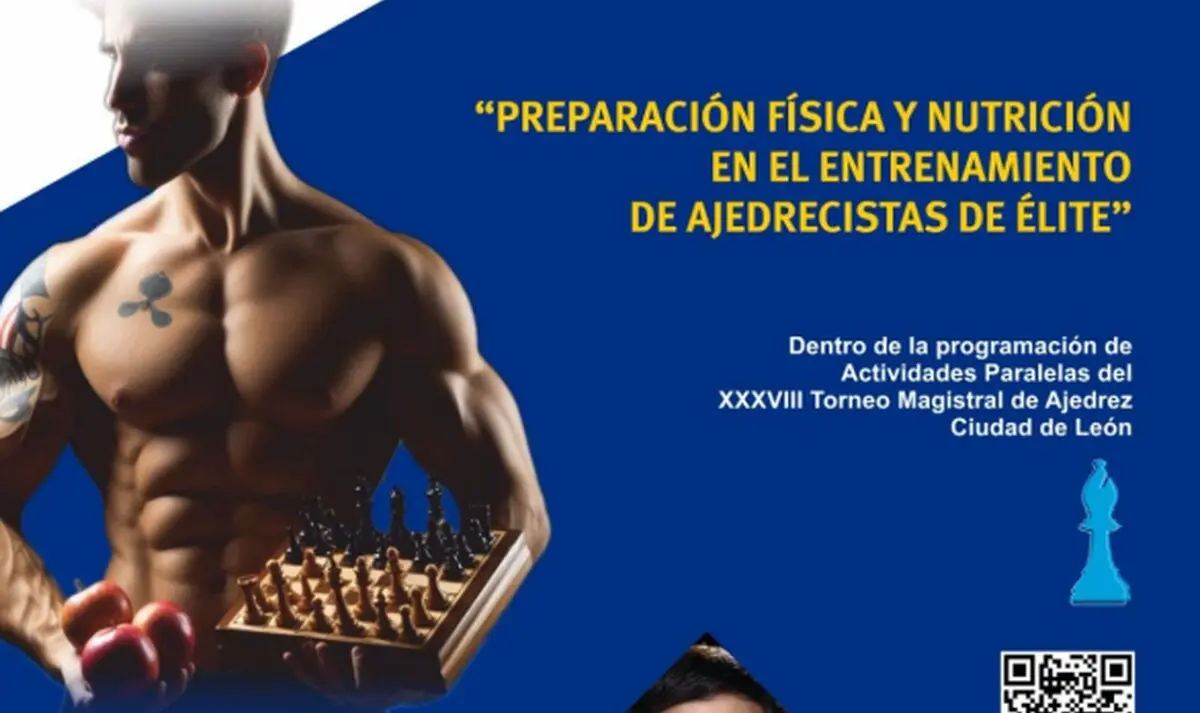 Cartel de la conferencia 'Preparación física y nutrición en el entrenamiento de ajedrecistas de élite'.