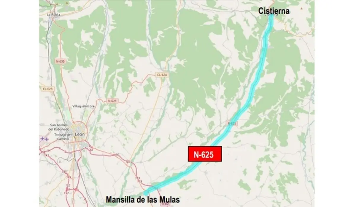 Transportes reanuda las obras de rehabilitación de la carretera N-625 a lo largo de 43 km entre Mansilla de las Mulas y Cistierna.