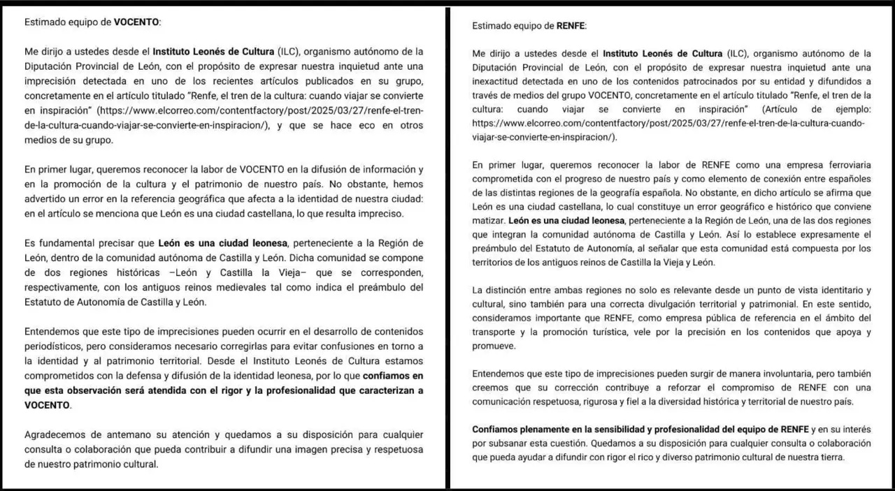Imagen de las cartas remitidas tanto a Vocento como a Renfe por sus incorrectas apreciaciones sobre León.