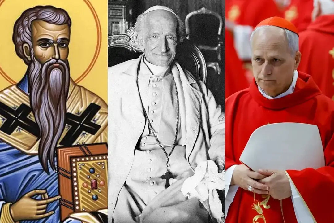 De izquierda a derecha, el papa León I (siglo V), León XIII (1878–1903) y el recién elegido León XIV, Robert Prevost (2025).