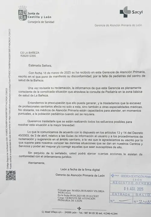 Carta de respuesta remitida desde la gerencia de Sanidad ante la denuncia de falta de pediatras.