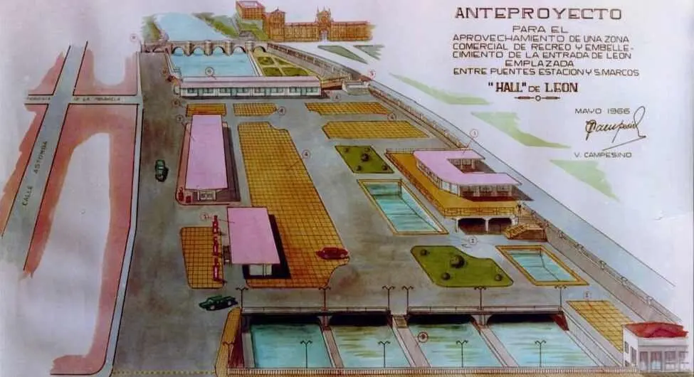 Uno de sus proyectos más osados fue planteado en 1966: el “hall de León”, una plataforma construida sobre el cauce del río para albergar un aparcamiento de mil vehículos, áreas comerciales...
