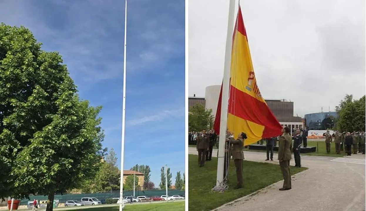 Imágenes facilitadas por el PP municipal reclamando la presencia de la bandera de España, ausente este sábado.