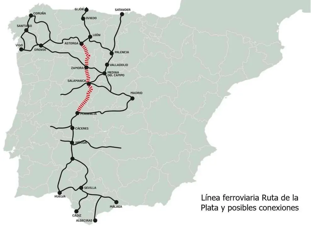 Mapa de la ruta férrea de la Ruta de la Plata
