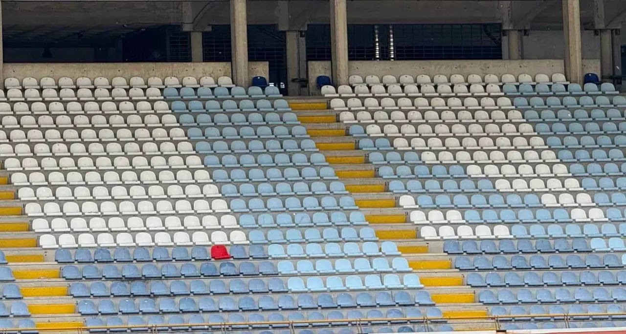 Imagen de la primera butaca roja que llega al estadio Reino de León. Ese color permitirá que la palabra 'León' sea mucho más visible.