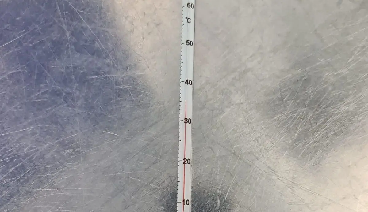 Un termómetro muestra 35 grados en las instalaciones de León Farma en una foto remitida por Comité de Empresa.