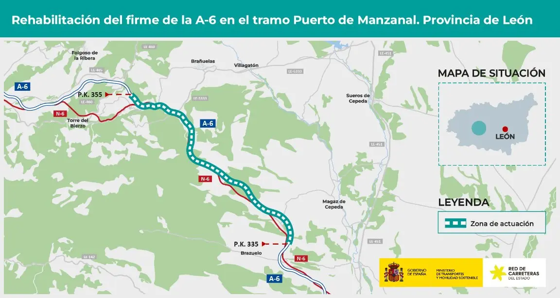 Mapa de la A-6 con las zonas de actuación.