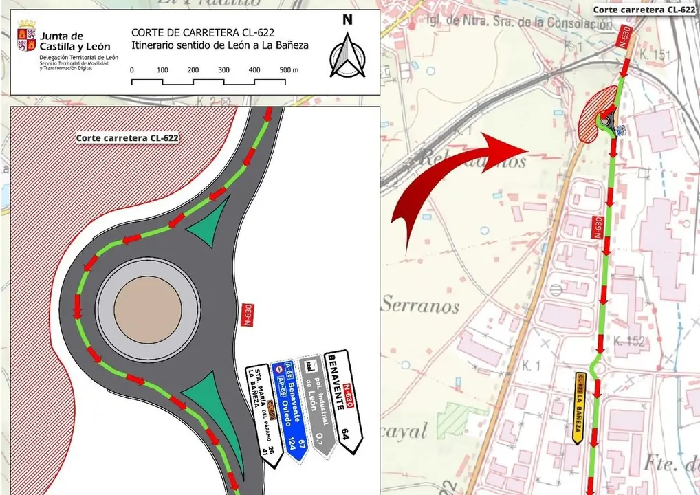Mapa del desvío por la apertura parcial de la nueva glorieta en la carretera N-630
