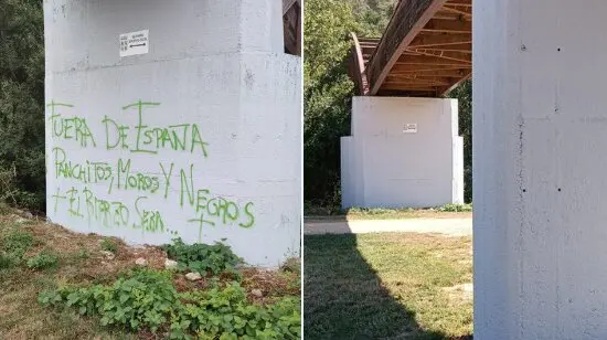 Las pintadas racistas del Paseo del Río de Ponferrada (izda.) ya han sido borradas (dcha.).