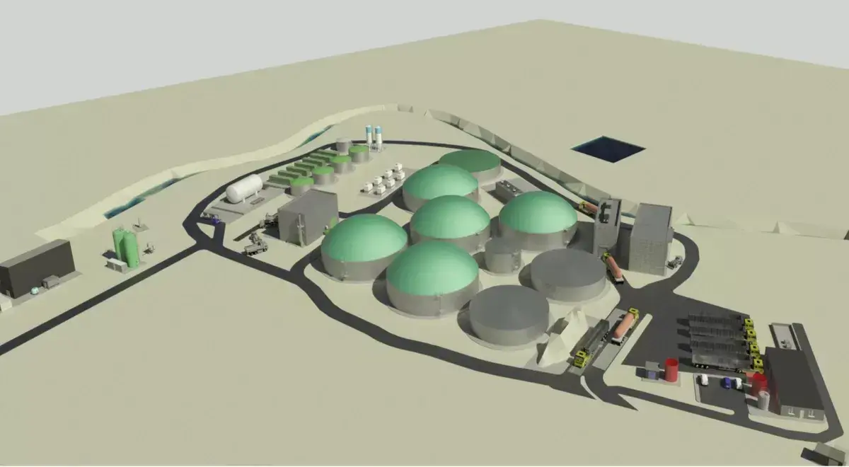 Imagen virtual de una planta de biogás.