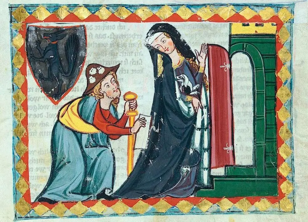 Una dama atiende a un caminante vestido de peregrino santiagueño que demanda hospitalidad y que muestra un escrito. Ilustración del siglo XV, del Códice Manesse/ Heidelberg, Universitätsbibliothek Heidelberg.