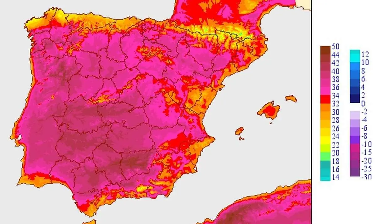Imagen del mapa de temperaturas previsto para este lunes 4 de agosto.