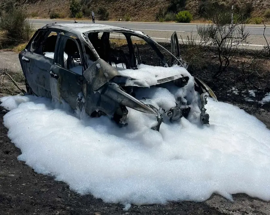 Imagen de un veh&iacute;culo calcinado por las llamas.