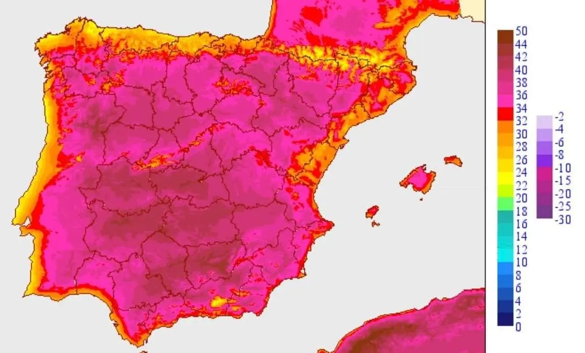 Mapa de temperaturas máximas previsto para este jueves.