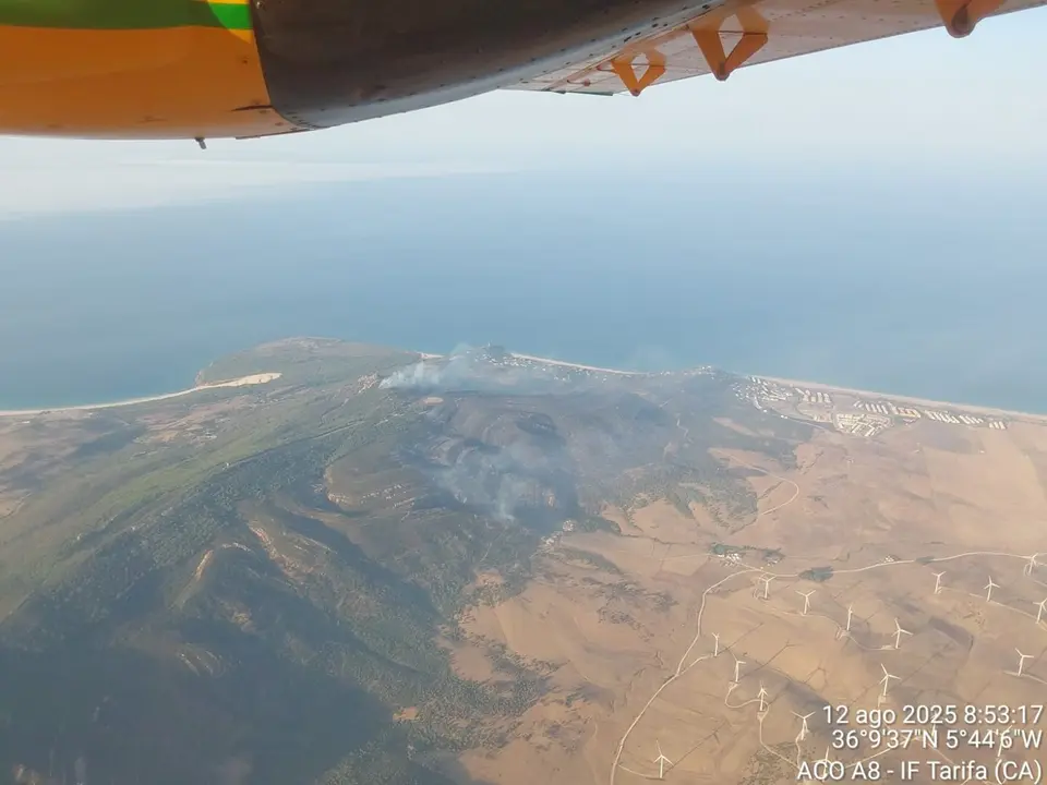 Imagen aérea del incendio forestal en Tarifa. Foto: Infoca