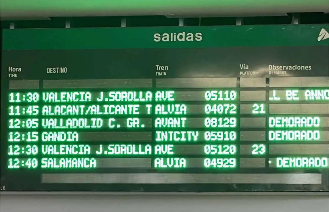 Panel de Adif anunciando retrasos en los AVE y demorando el anuncio del tren AVE destino León de las 13:00 horas.