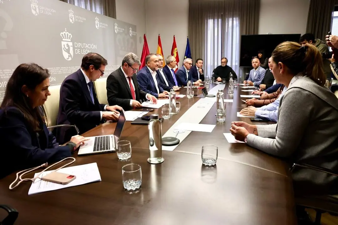 La Diputaci&oacute;n de Le&oacute;n acoge una reuni&oacute;n del secretario de Estado de Transportes y Movilidad Sostenible, Jos&eacute; Antonio Santano, con los alcaldes por cuyos municipios transcurre la l&iacute;nea de Feve, y a la que acuden tambi&eacute;n el presidente provincial, Gerardo &Aacute;lvarez Courel, y el vicepresidente, Roberto Aller, como anfitriones