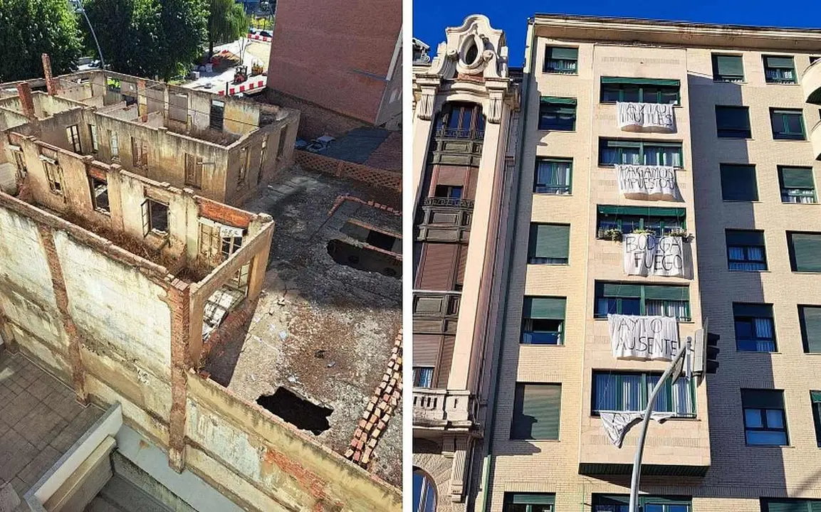 Imagen del inmueble de Bodegas Armando; a la derecha, pancartas en los edificios pr&oacute;ximos y que ahora han sido retiradas.