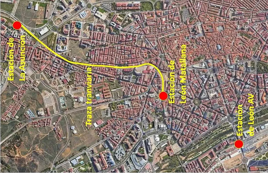 Mapa del estudio de adaptación en a traza ferroviaria de Feve en León.