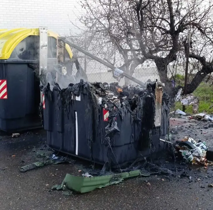 Imagen de uno de los contenedores calcinados en Trobajo del Camino.