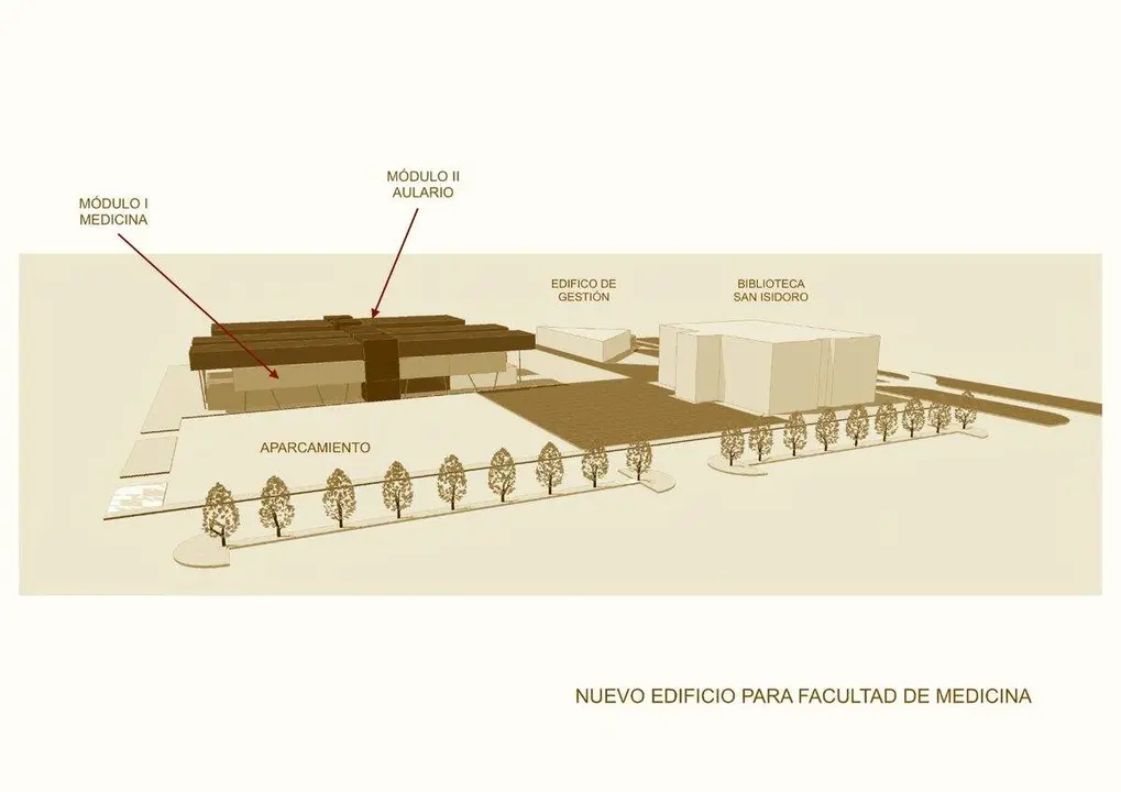 imagen en 3D del proyecto inicial de la futura Facultad de Medicina, que se ubicar&aacute; en la parcela trasera situada en la parte de atr&aacute;s de la biblioteca de San Isidoro y el Edificio del EGA. Foto: ULE