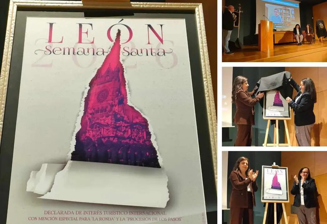 Imagen del cartel de la Semana Santa de Le&oacute;n publicado por el Obispado de la ciudad. A la derecha, tres instantes de su presentaci&oacute;n.