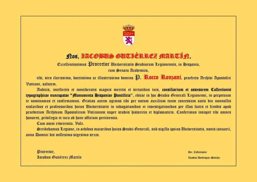 El Vaticano respalda la colecci&oacute;n &lsquo;Monumenta Hispaniae Pontificia&rsquo; del Servicio de Publicaciones de la ULE y consolida su prestigio internacional. Foto del nombramiento del Prefecto cedida por la ULE.