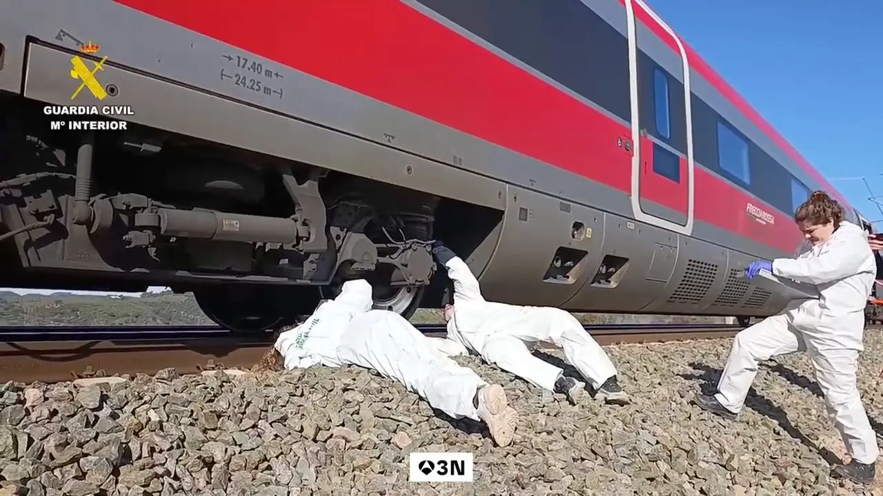 Equipos de la Guardia Civil durante la revisi&oacute;n de los trenes.
