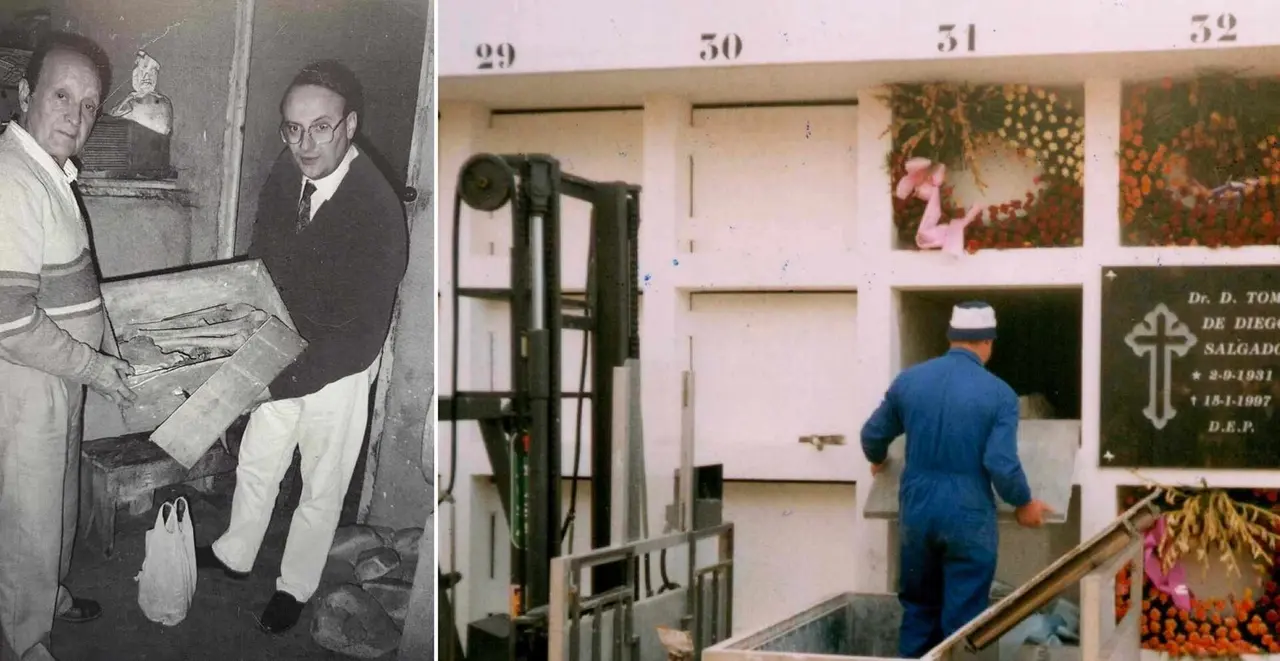 Alfonso Y&aacute;&ntilde;ez, a la izquierda, con el caj&oacute;n de los restos &oacute;seos; a la derecha, fotograf&iacute;a del d&iacute;a del traslado de los restos a Montearenas.