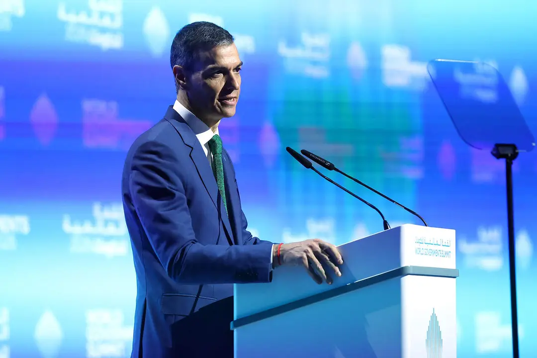 El presidente del Gobierno, Pedro S&aacute;nchez, durante su intervenci&oacute;n en el World Government Summit. Foto: Pool Moncloa/Fernando Calvo