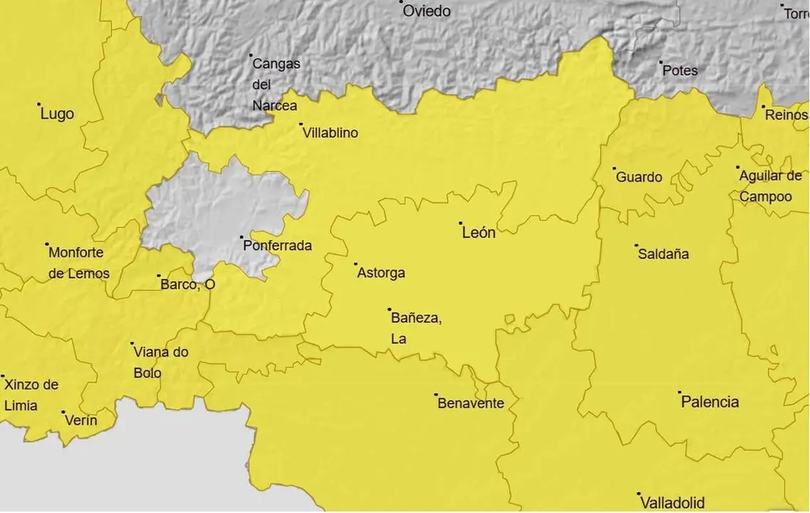 Imagen de la alerta amarilla en la provincia de Le&oacute;n. Foto: Aemet