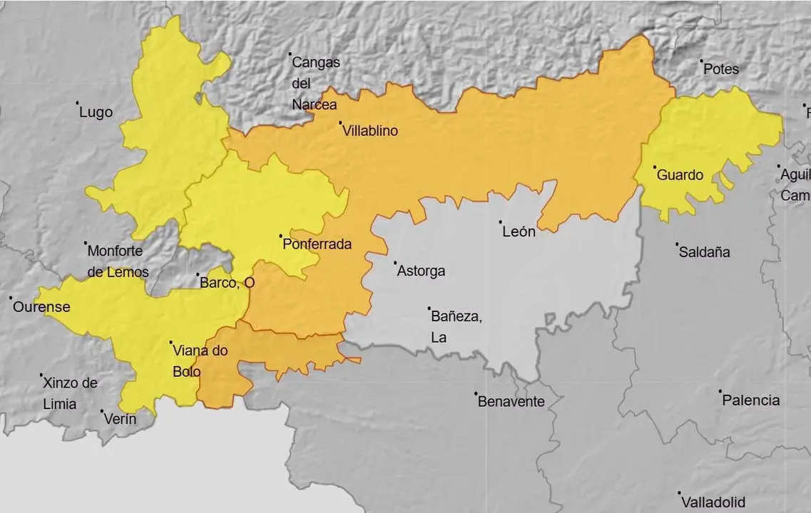Imagen de Aemet sobre la alerta naranja sobre Le&oacute;n por riesgo de lluvia y nieve.