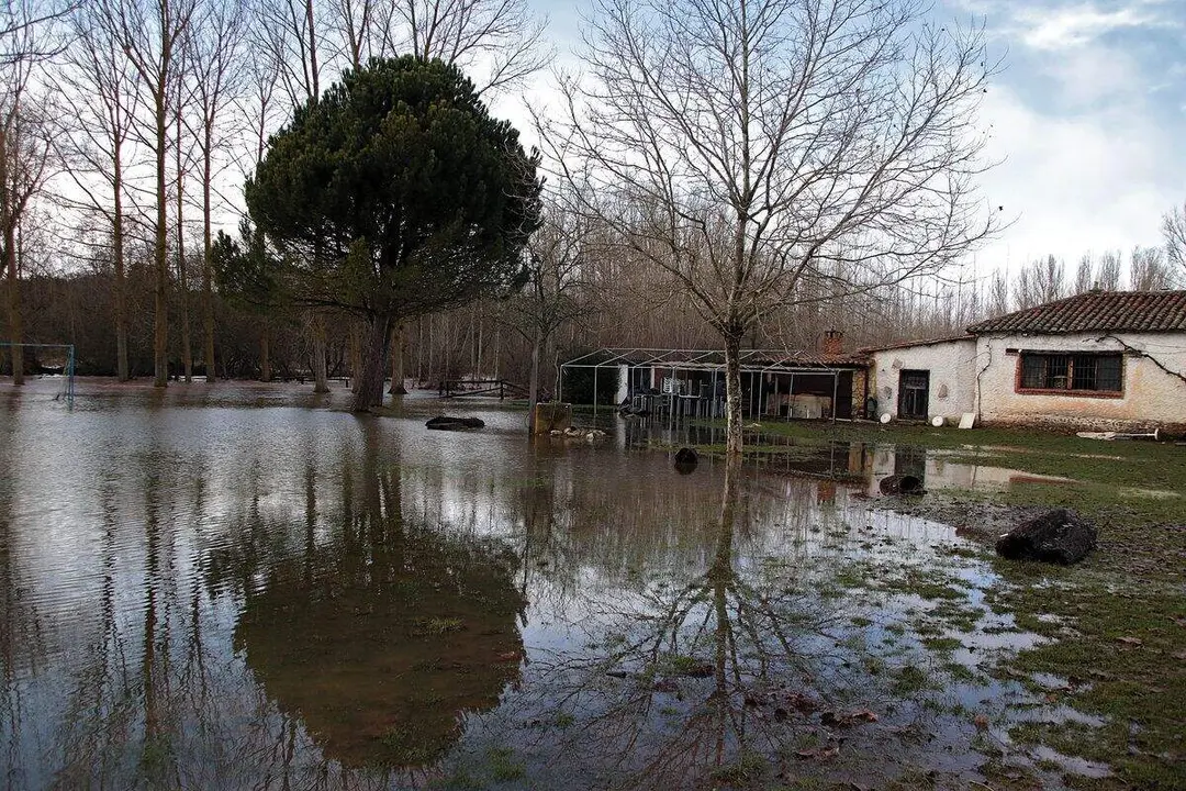 La crecida del r&iacute;o Tuerto inunda carreteras, locales y cultivos en Castrillos de Cepeda. Foto: Peio Garc&iacute;a.
