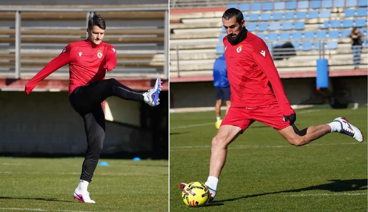 Los centrocampistas Radoja y Maestre, durante la &uacute;ltima sesi&oacute;n de entrenamiento en Puente Castro.