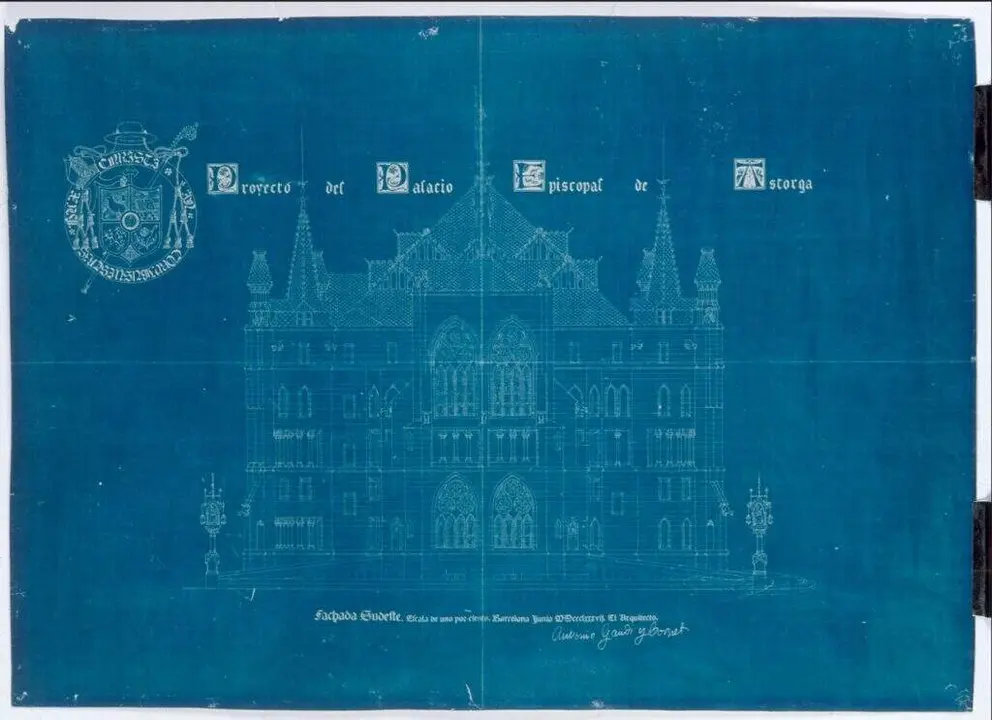 Plano original firmado por Antonio Gaud&iacute; de la fachada sudeste del Palacio Episcopal de Astorga. Foto: Palacio de Gaud&iacute;.