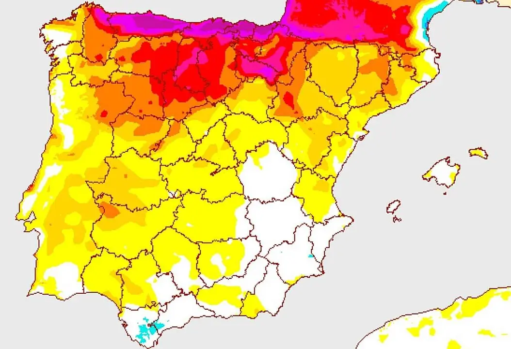 Mapa con variaci&oacute;n de temperaturas m&aacute;ximas en la pen&iacute;nsula.