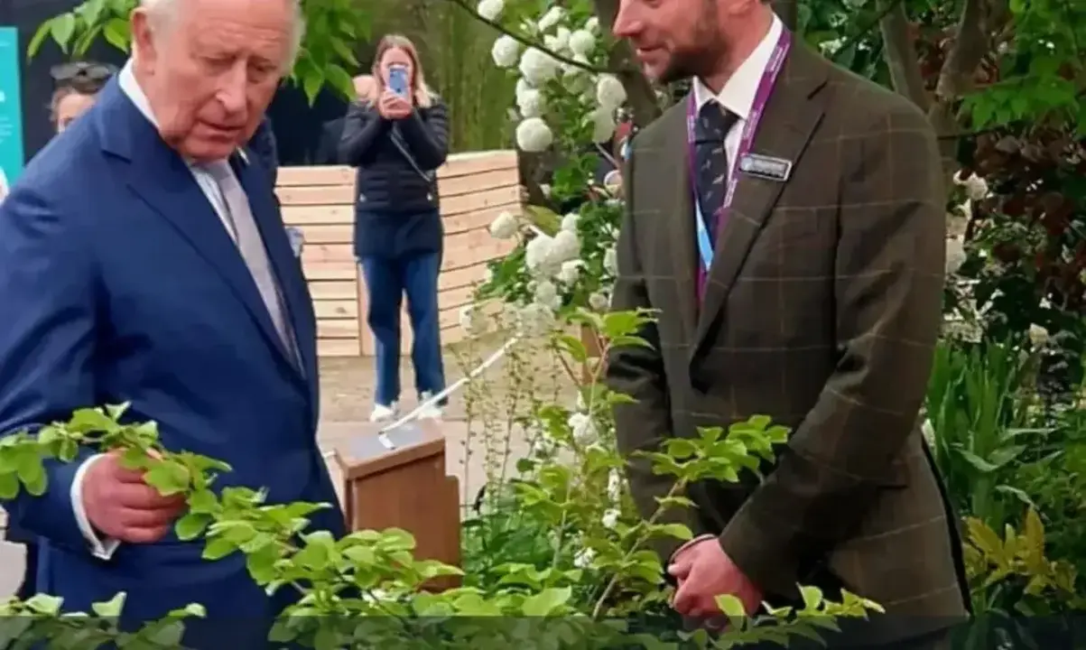 Carlos III en el momento de recibir el '&aacute;rbol de hierro' que la localidad leonesa de Lug&aacute;n tiene desde hace a&ntilde;os.