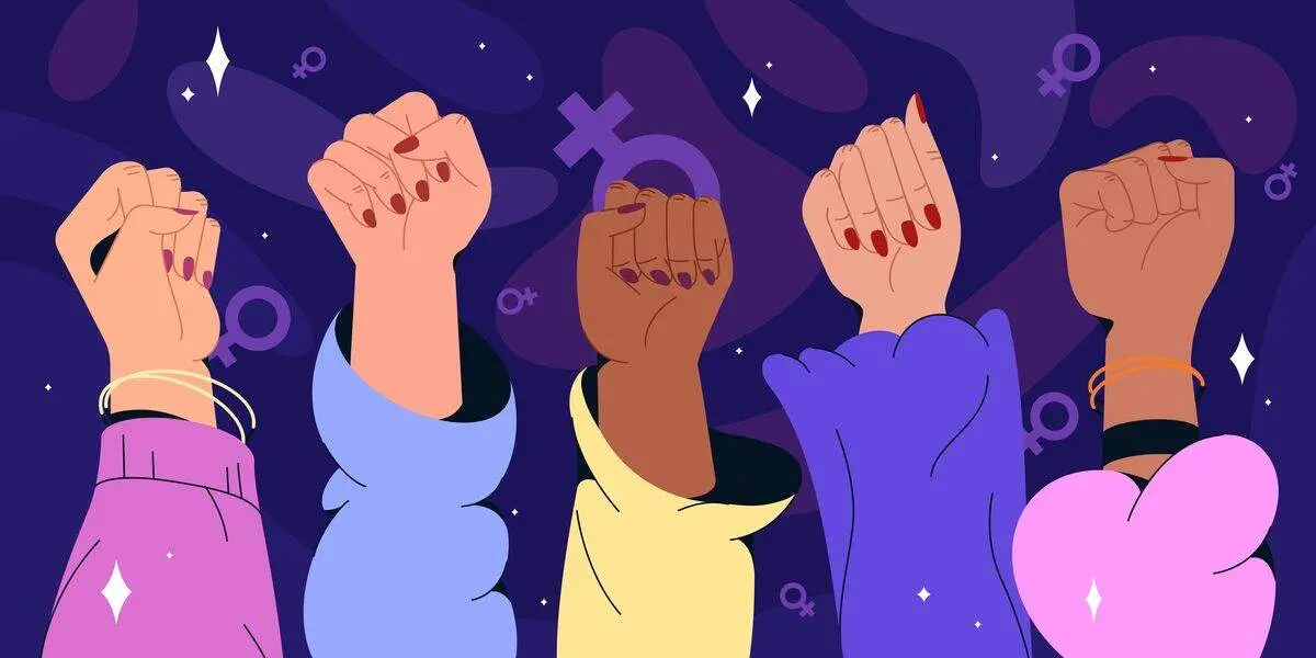 Flat women hands different nationalities with feminism fists raised up. Gender equality, feminist movement, protest or revolution concept. Fist gesture symbol of strength, woman rights or female power