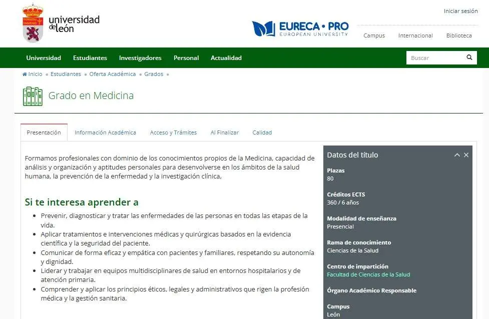 P&aacute;gina web de la Universidad de Le&oacute;n con la oferta del nuevo Grado de Medicina abierto esto mi&eacute;rcoles. Foto: Unileon