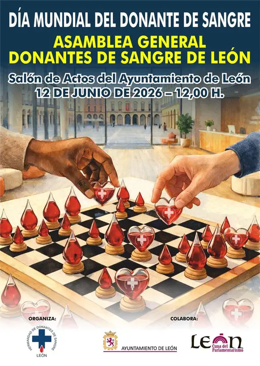 Imagen del cartel de la Asamblea general de Donantes de Sangre de Le&oacute;n.