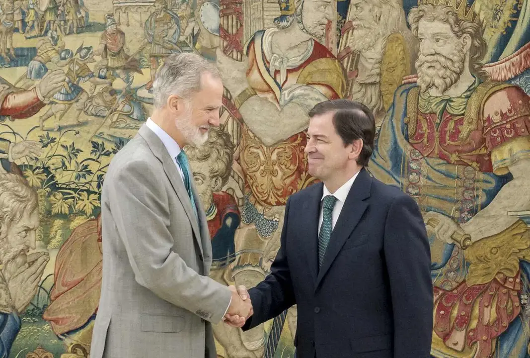 El presidente de la Junta, Alfonso Fern&aacute;ndez Ma&ntilde;ueco, saluda al rey Felipe VI durante la recepci&oacute;n oficial.